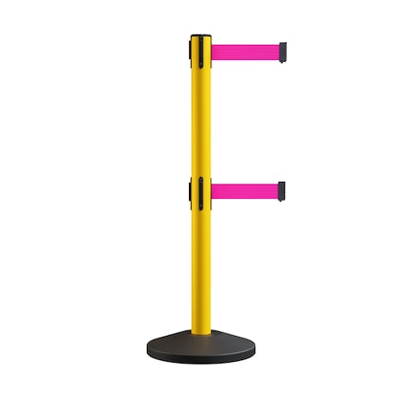 Montour Line Retractable Dbl Belt Rolling Stanchion, 2.5in YW Post 11' Fl.Pnk Belt ES400D-YW-FPK-110